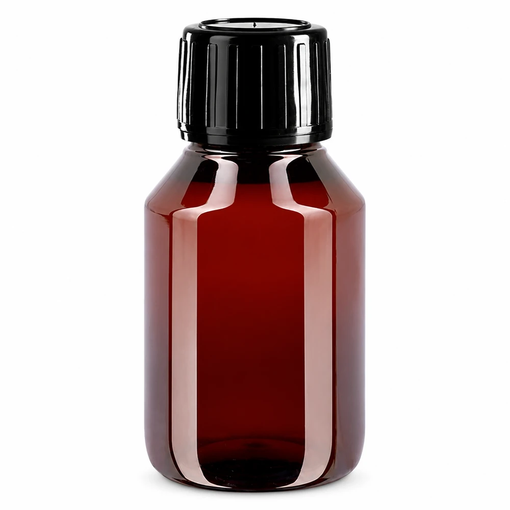 PET-fles 50ml met zwarte spuitdop OV Lichtschutzflasche PET 50ml bernstein mit schwarzem Verschluss und Originalitätsring