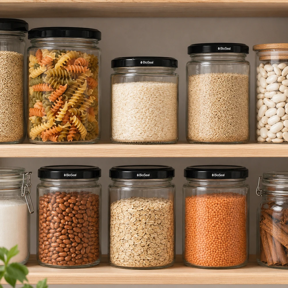 330ml rond glas met BioSeal deksel zwart UNiTWIST UniTWIST Runda330 voorraadpotten met zwarte BioSeal deksels in georganiseerde voorraadkast met pasta rijst bonen linzen