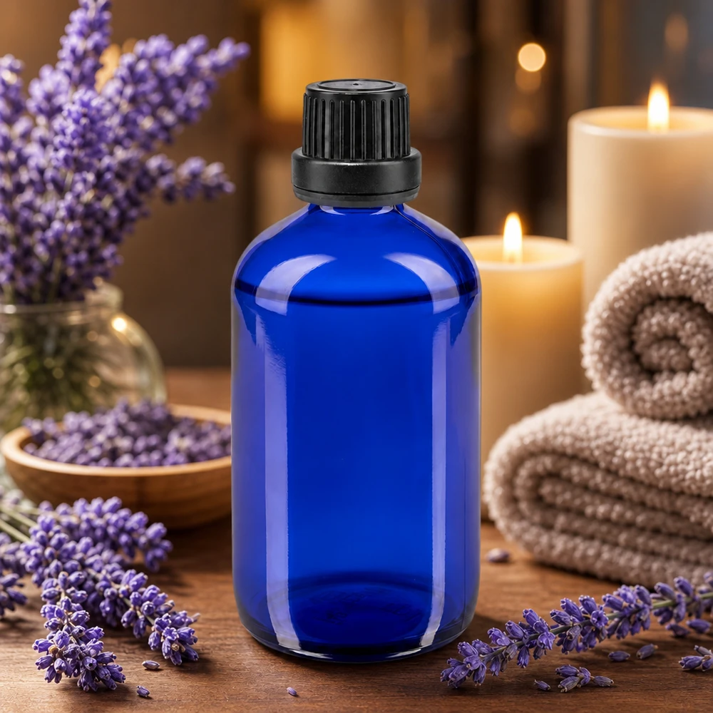 Blauwe glazen flessen 100ml met zwart schroefsluiting dicht. VR Blauwe medicijnfles van 100 ml met UV-bestendig glas en een zwarte doseerdop