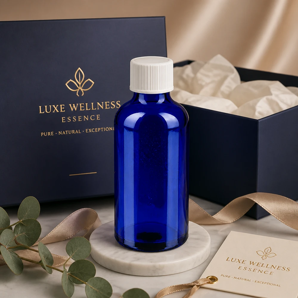 50 ml flesje met essence van UV-beschermend blauw glas met lekvrije witte schroefdop