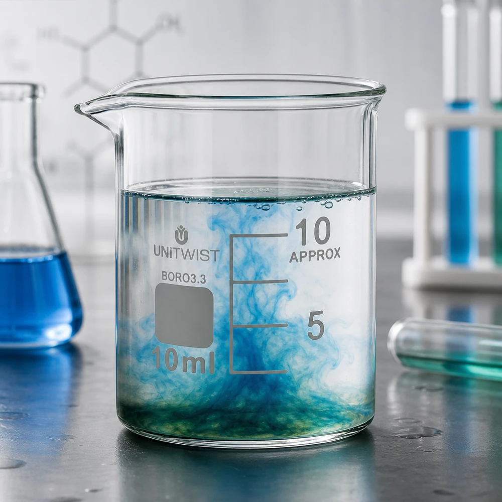 Stevig microbekerglas van 10 ml, laag model, van borosilicaatglas, met een blauwgroene kleurwaas in het water