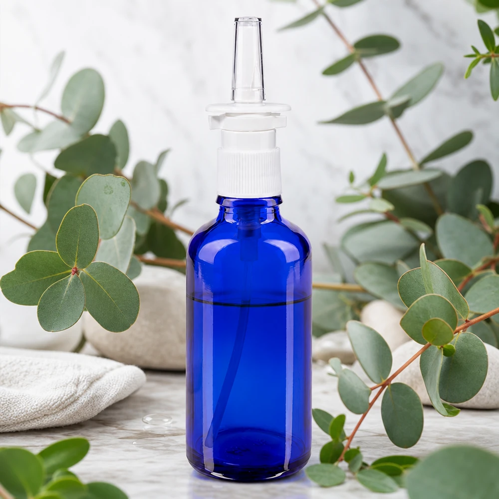 Blauwe glazen flessen 50ml met neusverstuiver Neussprayflesje van 50 ml van UV-bestendig glas in blauw, met een witte doseerkop en een doorzichtige spuitmond