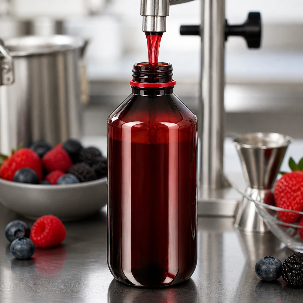 PET-fles 200ml met wit/rode dop OV Het afvullen van bessensap in een doorzichtige bruine PET-fles van 200 ml met een rode dop