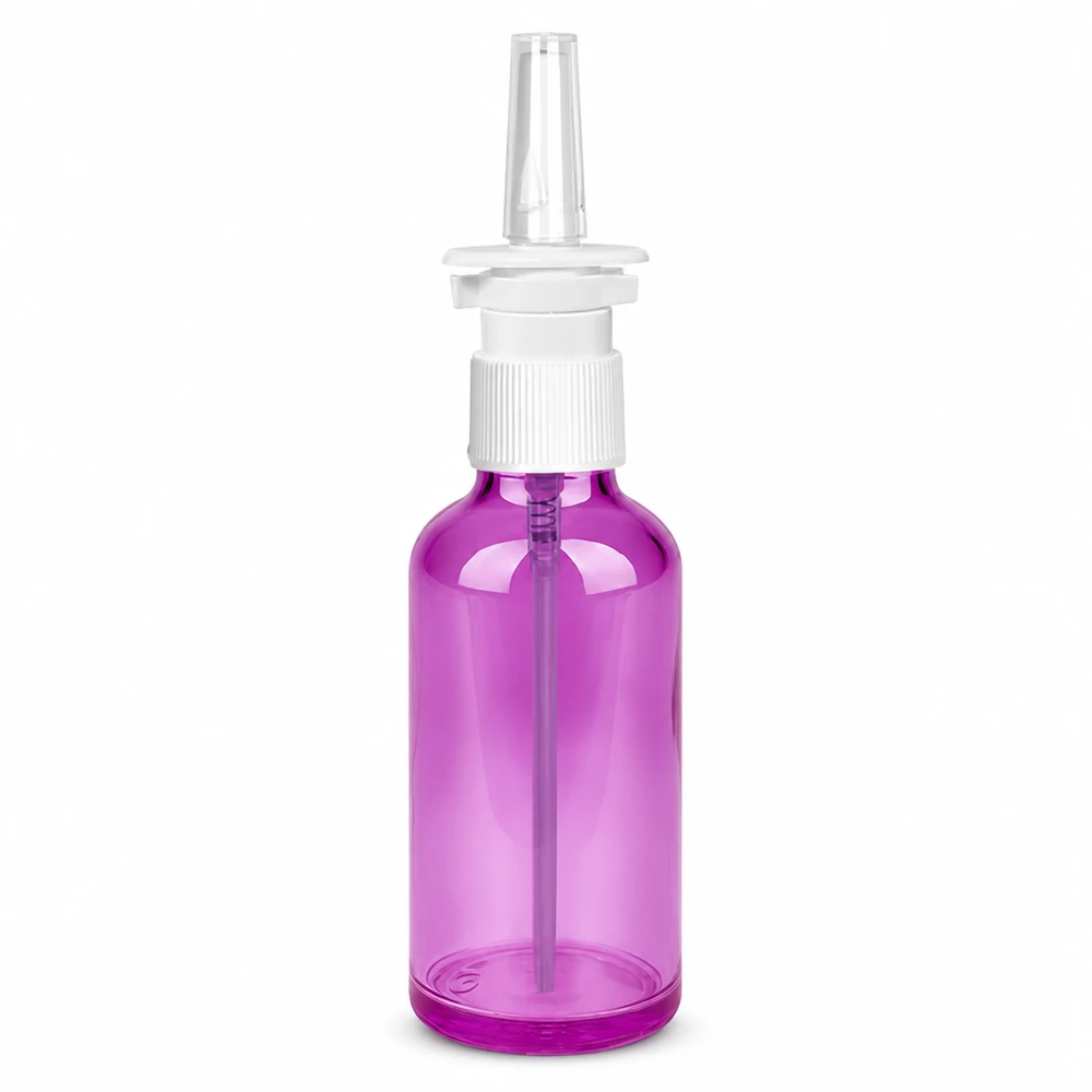 50ml neussprayfles wit/transparant standaard PurpleLine. UT18/50 Rond neussprayflesje 50ml in paarse kleur met witte schroefdop en spraykop