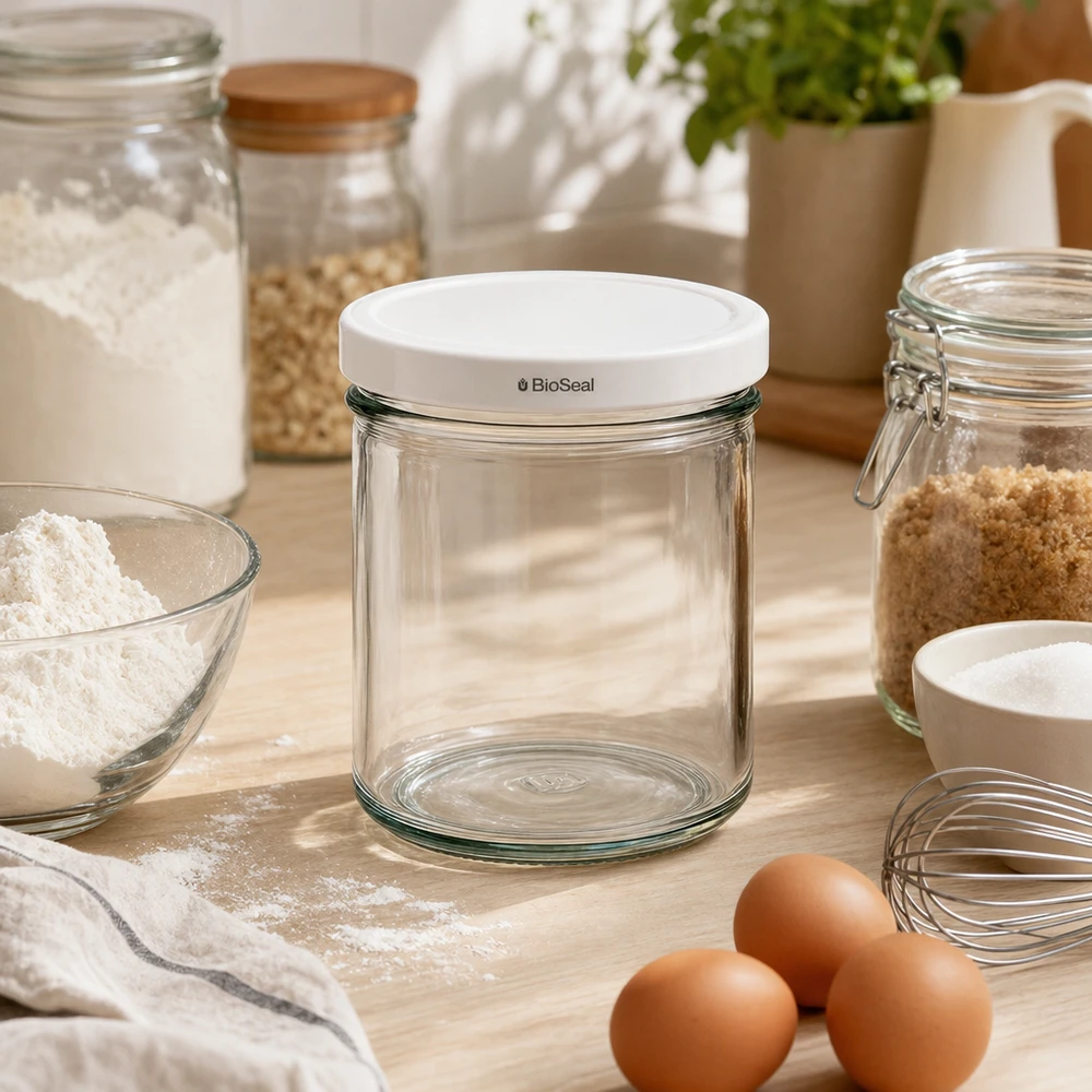 167ml bekers met BioSeal deksel wit UNiTWIST UNiTWIST 167ml tuimelschalen lege keukenscène baking ingrediënten eieren bloem wit TO66 BioSeal deksel voedselopslag