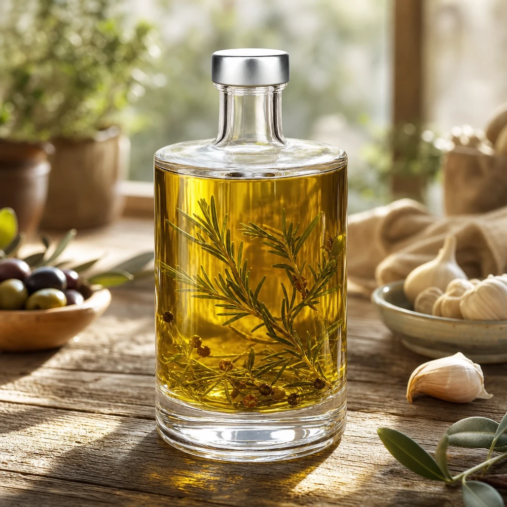500 ml glazen fles Sam en schroefdop zilver UNiTWIST® 500ml glazen fles Sam gevuld met rozemarijn kruidenolie tussen knoflook olijven mediterrane keuken decor