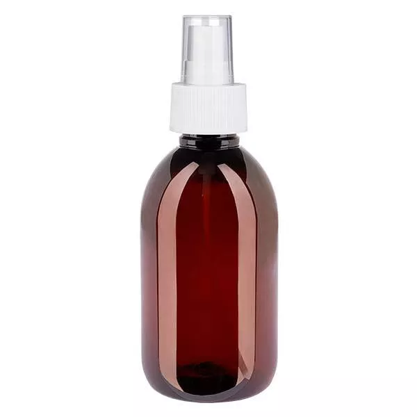 250 ml PET medicijnfles met verstuiver wit GCMI 28/410 incl. dop transparant, standaard 250 ml PET medicijnfles met verstuiver wit GCMI 28/410 incl. dop transparant, standaard
