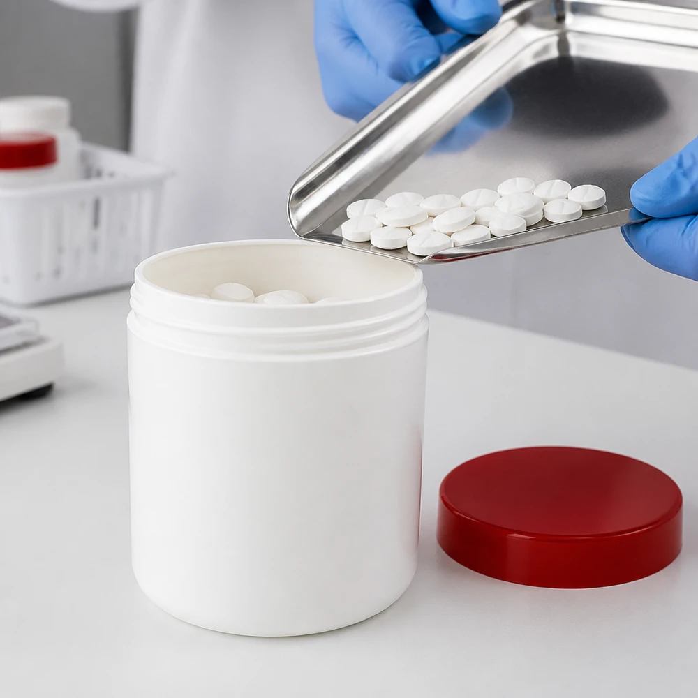 Zalfpot 500 g wit met rood schroefdeksel (PP) Grote witte ronde PP-bus van 500 g met rode schroefdop, geschikt voor tabletten en vaste stoffen