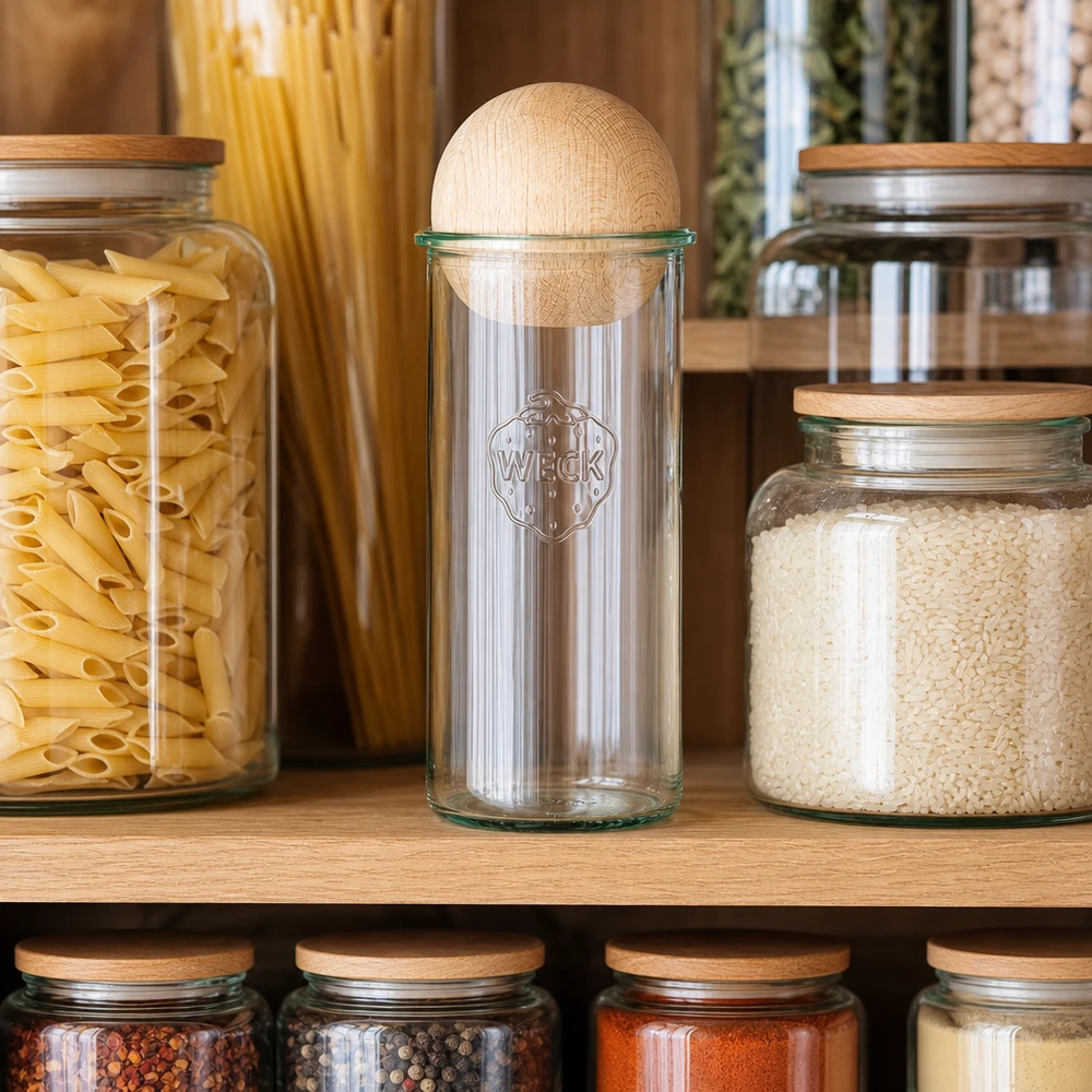 WECK RR100 bekers 1500ml in voorraadkast naast pasta en rijst, beukenhouten bol deksel zichtbaar
