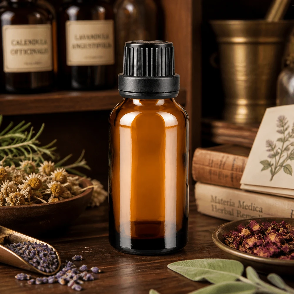 Bruine lichtbeschermende fles van 20 ml met zwarte druppeldop, in een voor apotheken typische kruidenomgeving
