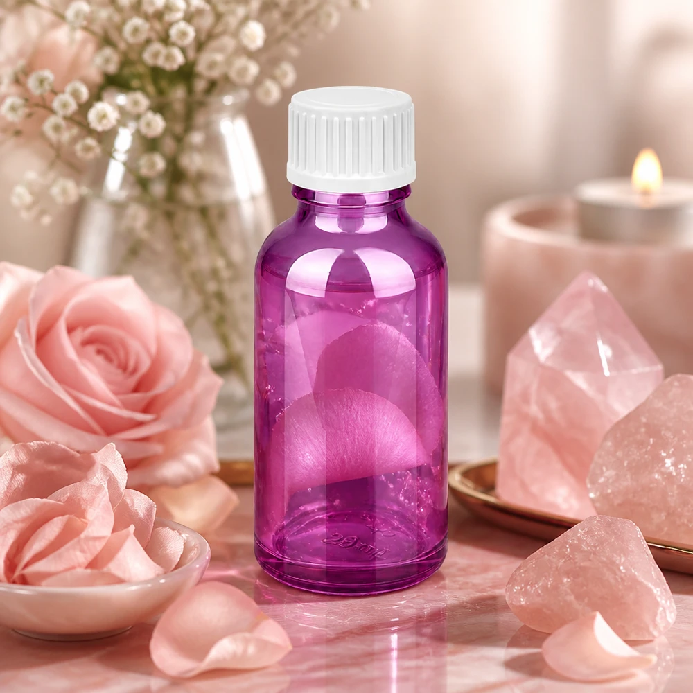 30ml (bol)fles. 3mm schenkring wit Standaard PurpleLine. UT18/30 Violet 30ml flesje met standaard schroefdraad - hoogwaardig glas voor oliën