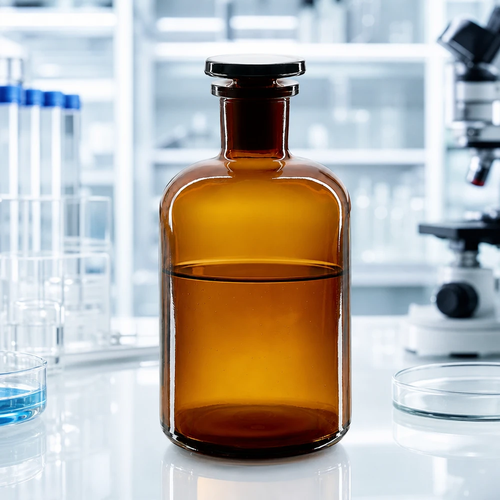Bruine glazen fles van 500 ml, ronde schouders, smalle hals, luchtdicht afsluitbaar, laboratoriumbenodigdheden