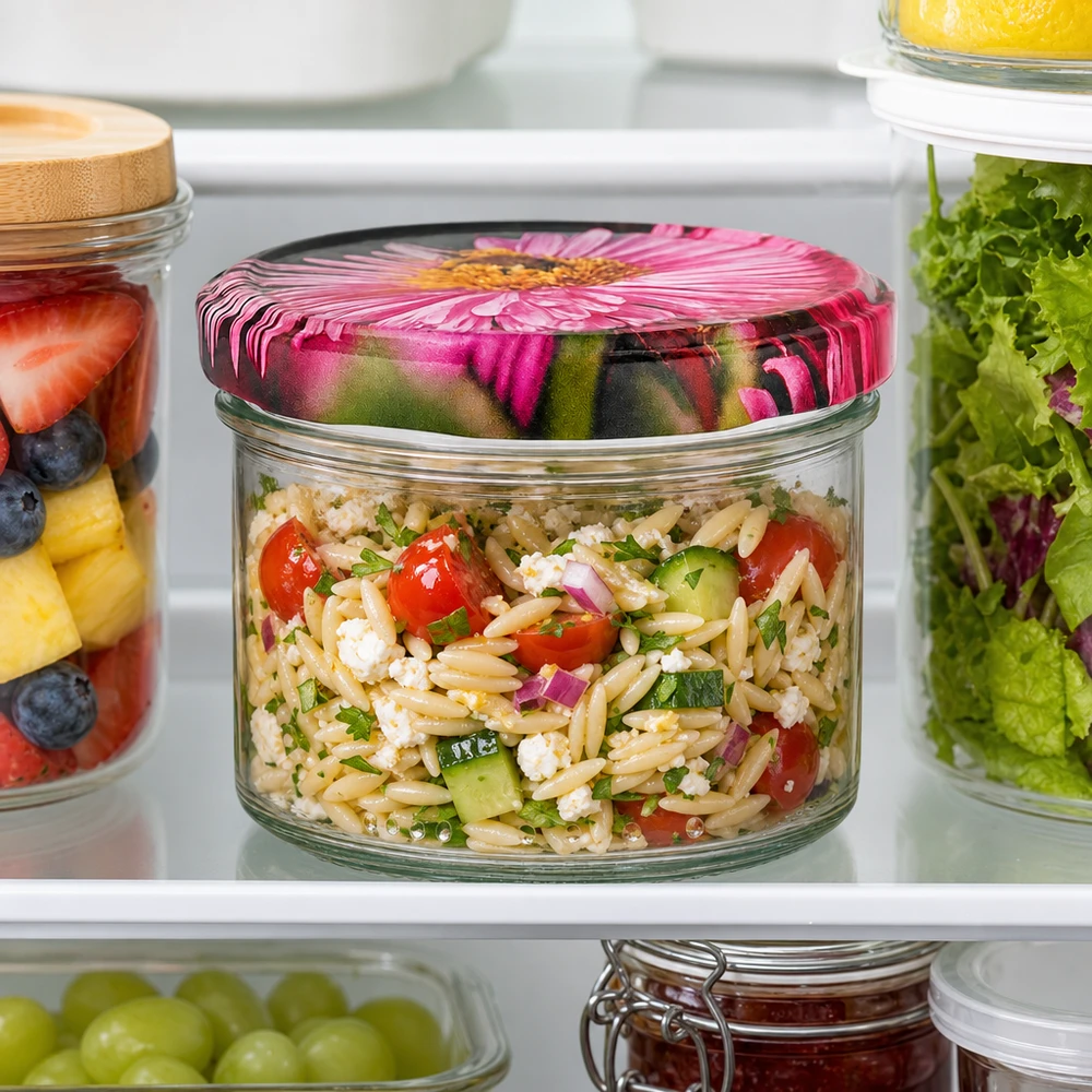 Inmaakpot 230ml roze bloem deksel met orzo salade in de koelkast BasicSeal sluiting Meal Prep voorraadpot