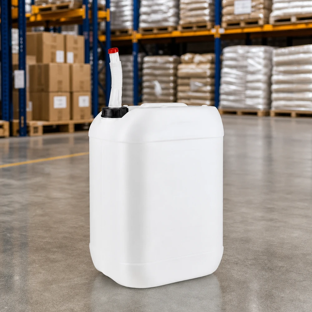 Doorschijnende kunststof jerrycan van 25 liter met draaibare vulbuis voor het veilig aftappen van vloeistoffen