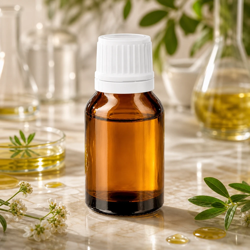 Bruine glazen fles 15ml met wit druppelsluiting 1.2mm VR Bruine druppelfles van 15 ml met kindveilige witte dop op een lichte steen met plantendecoratie