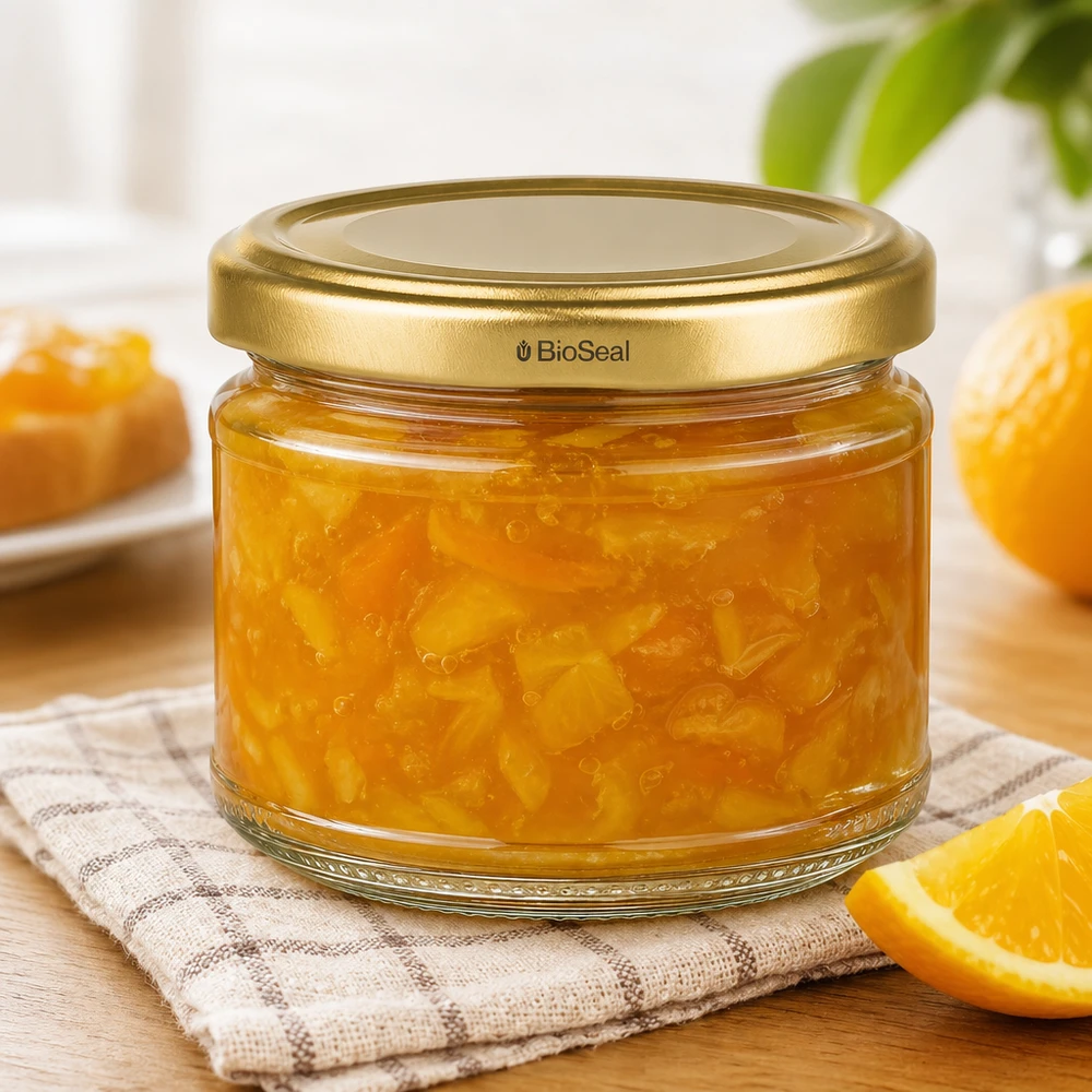 330ml rond glas met BioSeal deksel goud UNiTWIST UniTWIST Runda330 jampot met gouden TO82 BioSeal deksel gevuld met sinaasappelmarmelade op houten tafel