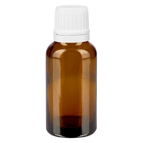 Bruine glazen fles 20ml met wit druppelsluiting 1.2mm VR Bruine glazen fles 20ml met wit druppelsluiting 1.2mm VR