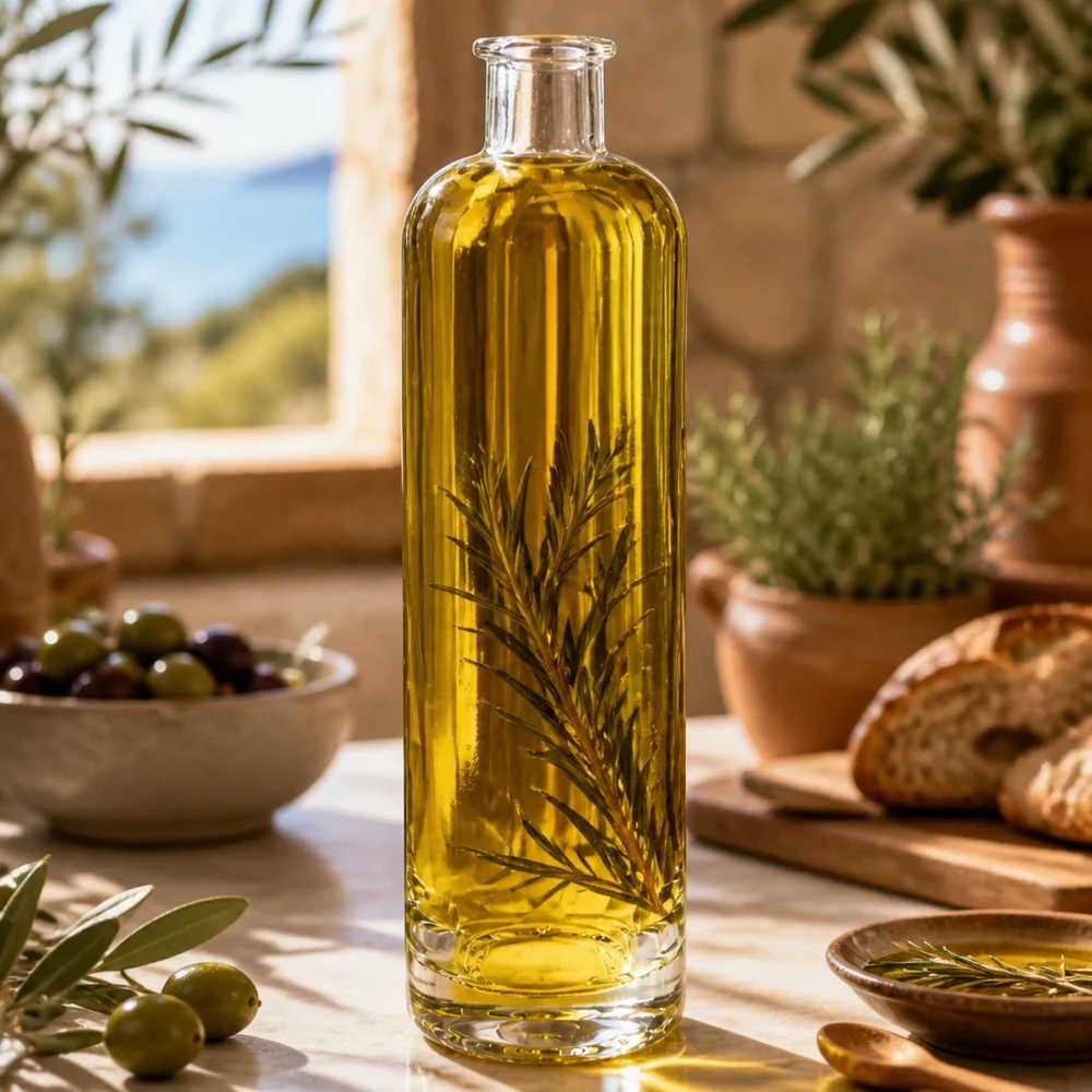 500 ml glazen fles Ella zonder sluiting UNiTWIST® 500ml Glasflasche Ella mit Olivenöl und Rosmarin gefüllt in mediterraner Küche stylisches Infusion-Beispiel