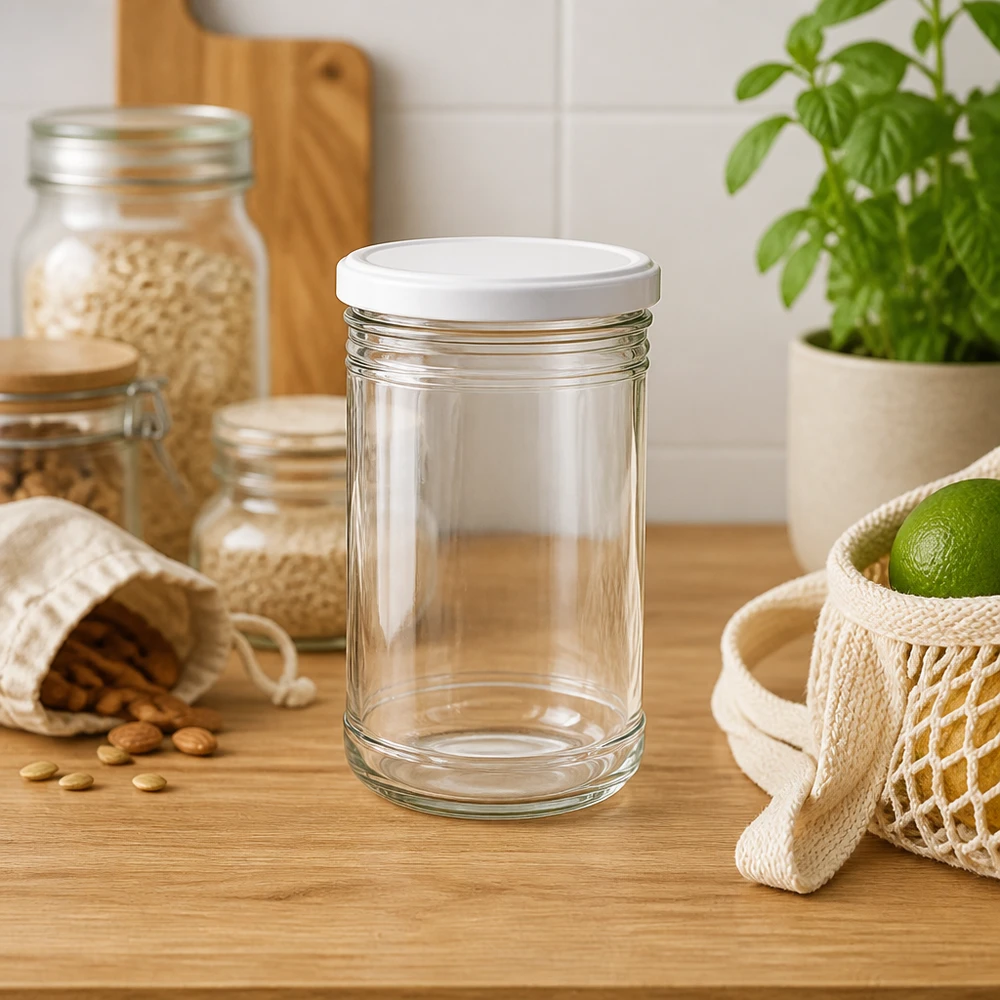 1053ml lege bekers op houten werkblad in moderne keuken met boodschappentas van gaas en basilicumplant Lifestyle
