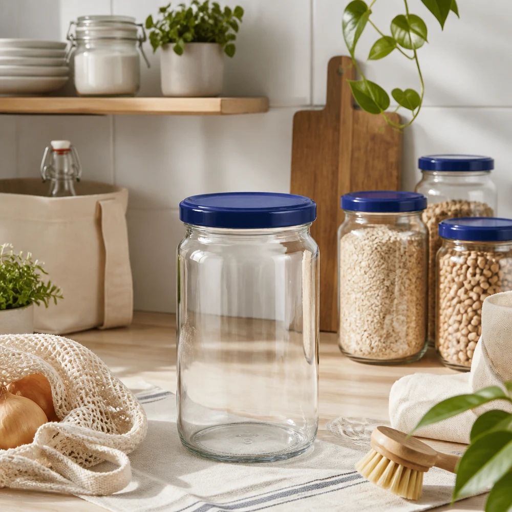 Lege ronde pot van 795 ml met blauw UNiTWIST deksel in duurzame keuken met voorraadpotten en houten elementen
