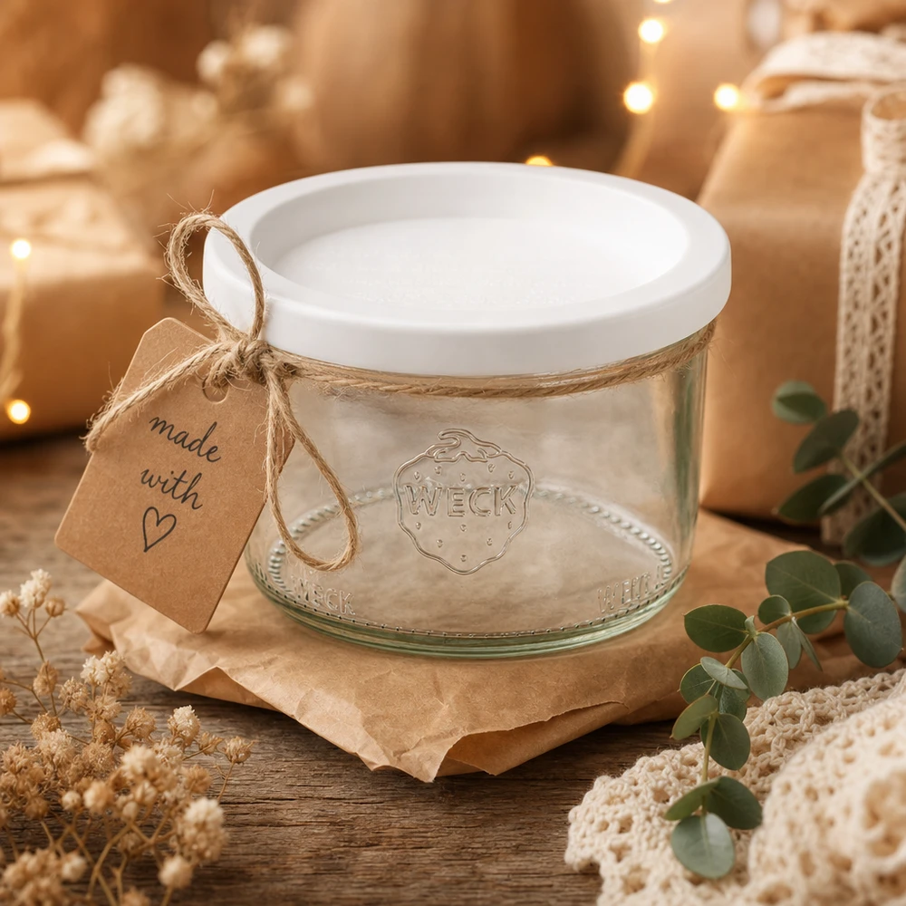 200ml stortglas met vershouddeksel WECK RR80 WECK bekers 200ml RR80 als cadeau versierd met jute koord en Made with Love tag op een houten tafel