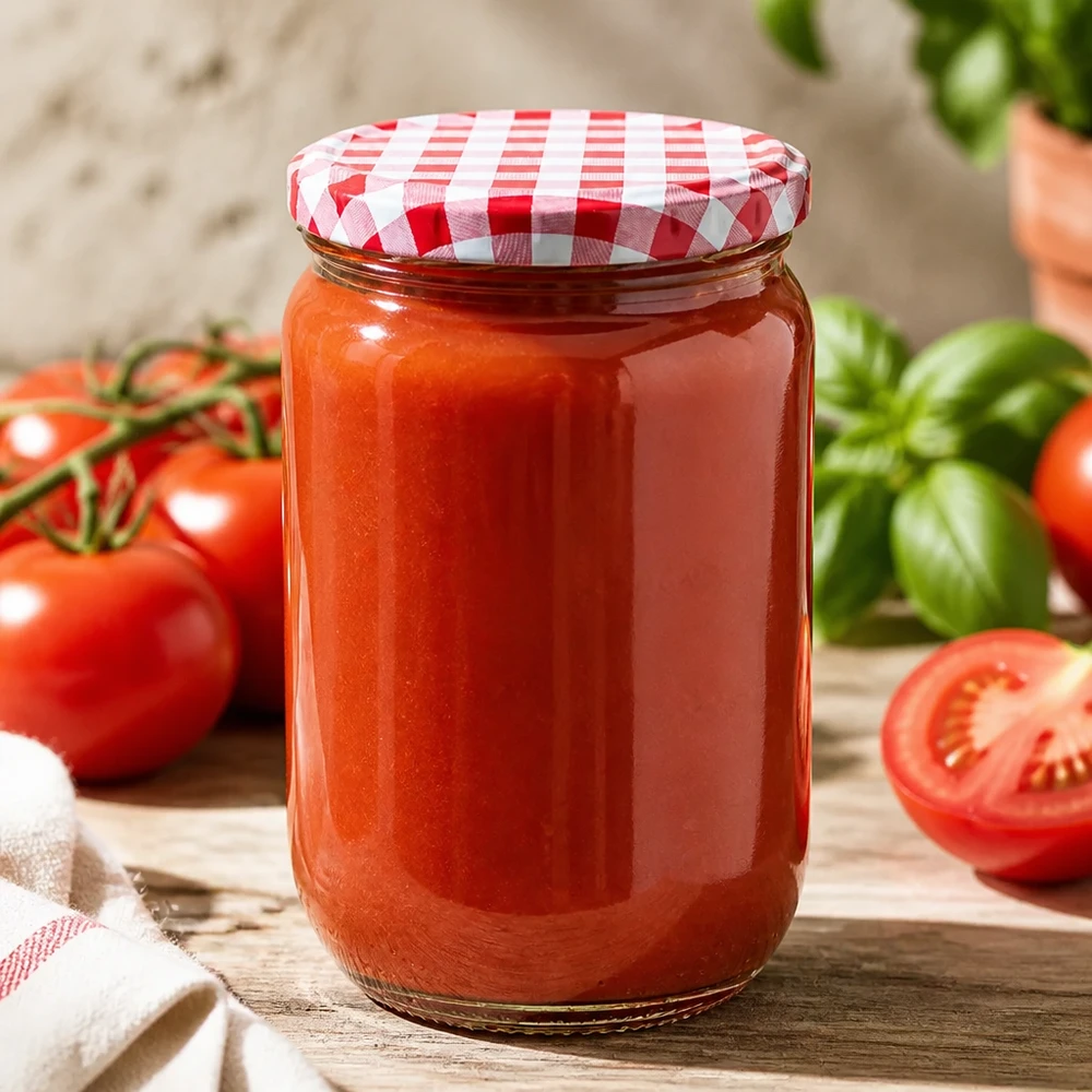Tomatenvoorraad bewaren met een UNiTWIST-ronde glazen pot van 555 ml en een luchtdichte BasicSeal-deksel met ruitjespatroon