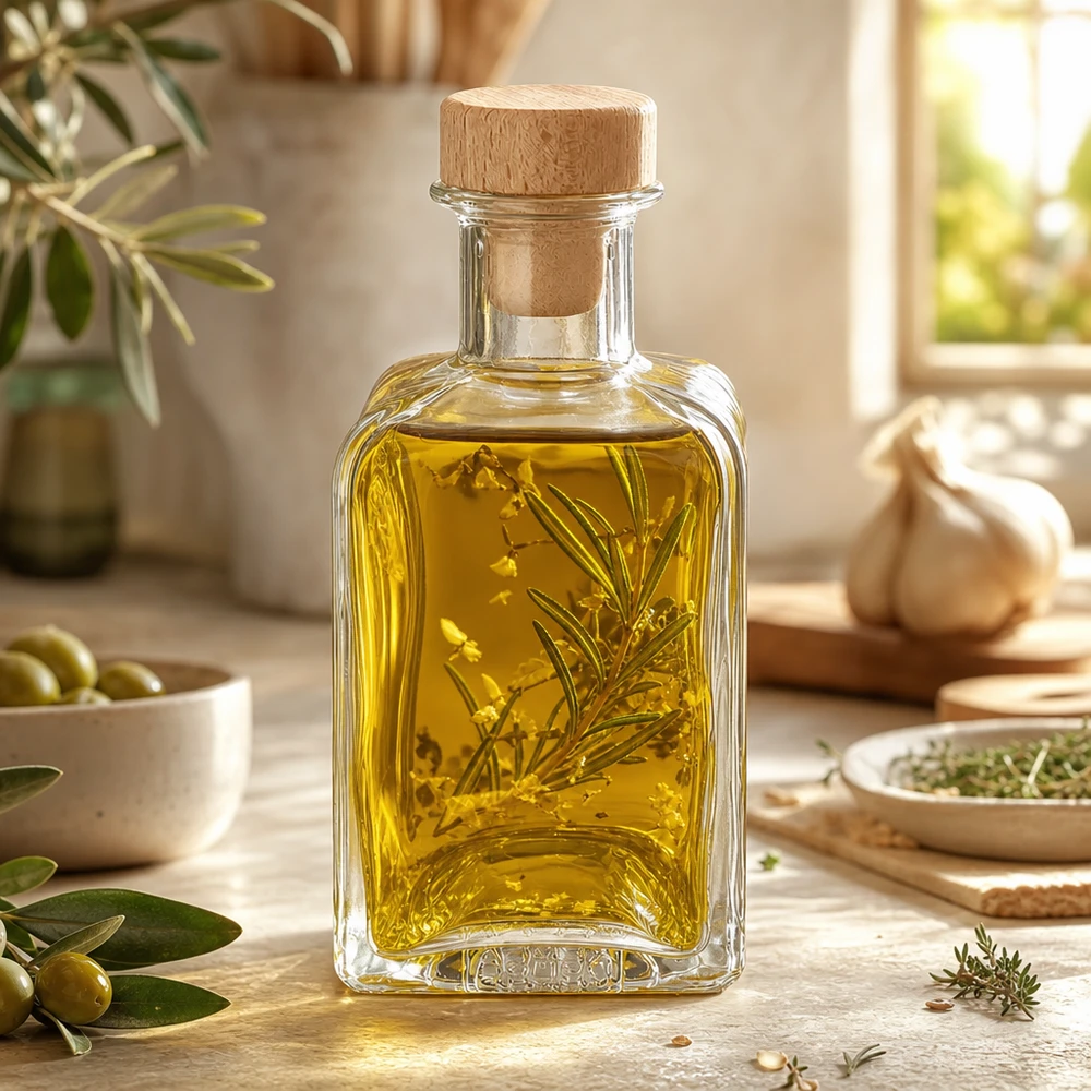 200 ml Apothekersfles Clara met houten handgreepkurk UNiTWIST® 200ml glazen fles Clara gevuld met kruidenolie rozemarijntakje houten kurk keuken decoratie mediterrane kruiden oliën