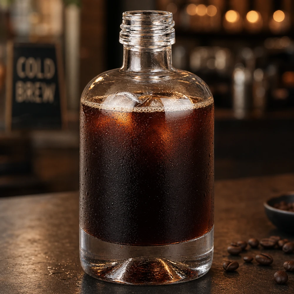 40ml glazen fles Sara gevuld met cold brew koffie omringd door koffiebonen in een café sfeer zonder dop