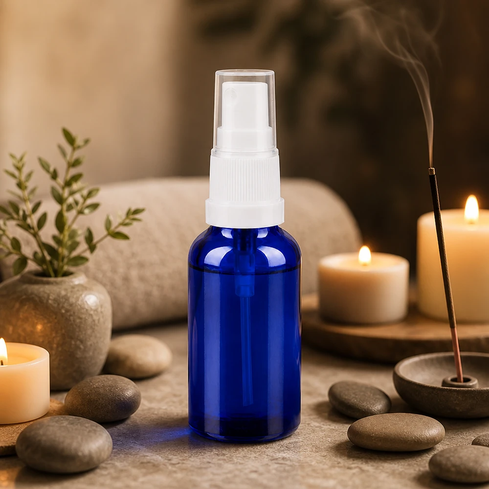 30ml Spuitfles wit/tr. STD BlueLine UT18/30 Elegant blauw glazen flesje van 30 ml met witte dop voor professioneel gebruik