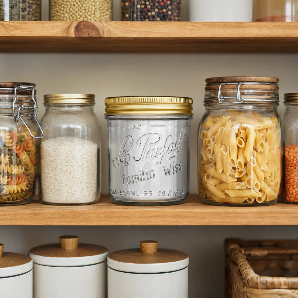 Familia Wiss 539ml bekers met gouden deksel in georganiseerde voorraadkast tussen pasta- en rijstpotten