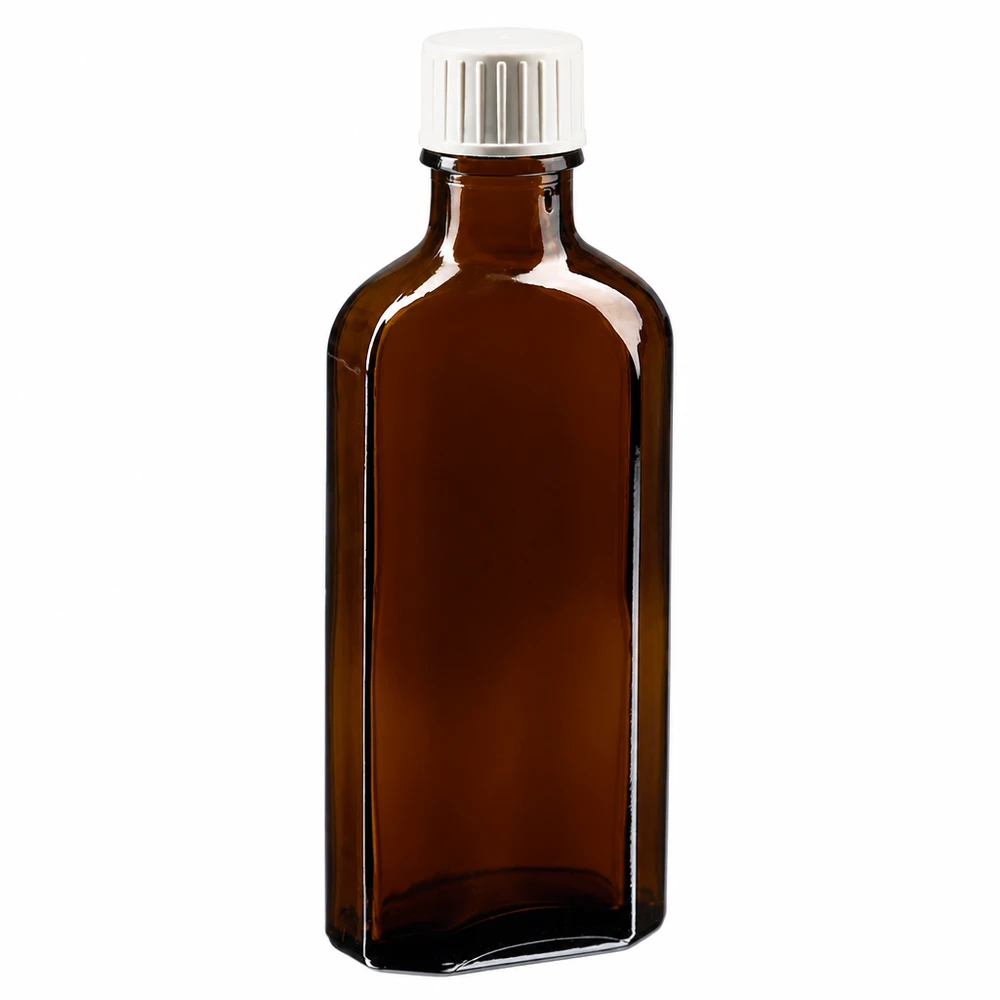 100 ml bruine meplatfles met DIN 22 monding, inclusief schroefsluiting DIN 22 wit met gietring Meplat bruine glazen fles van 100 ml met schenkrand, ideaal voor farmaceutische en laboratoriumtoepassingen