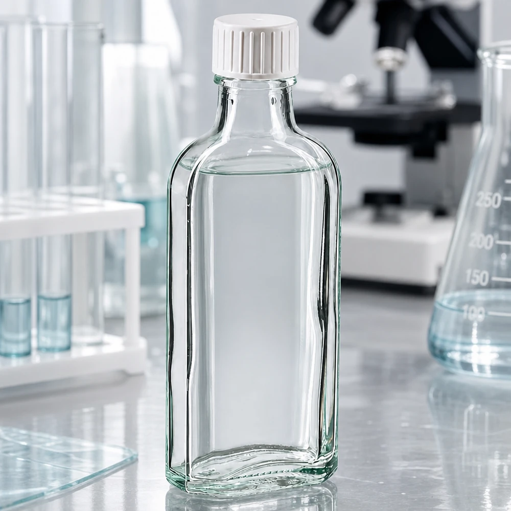 Kleine, platte laboratoriumfles van 100 ml, gemaakt van transparant glas, met schroefdop en gietring