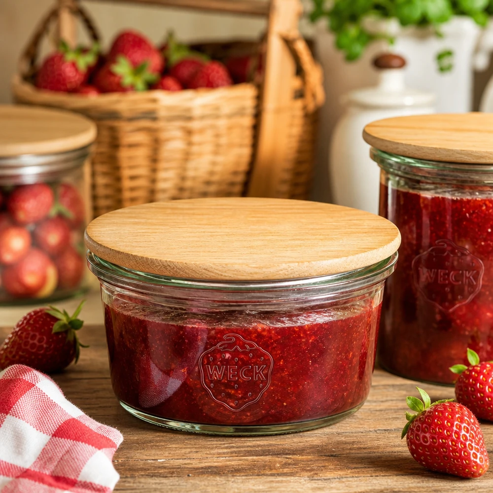 WECK-mini stortglas 50ml met hout deksel WECK mini mason jar 50ml gevuld met aardbeienjam en bamboe deksel in rustieke keuken met verse aardbeien