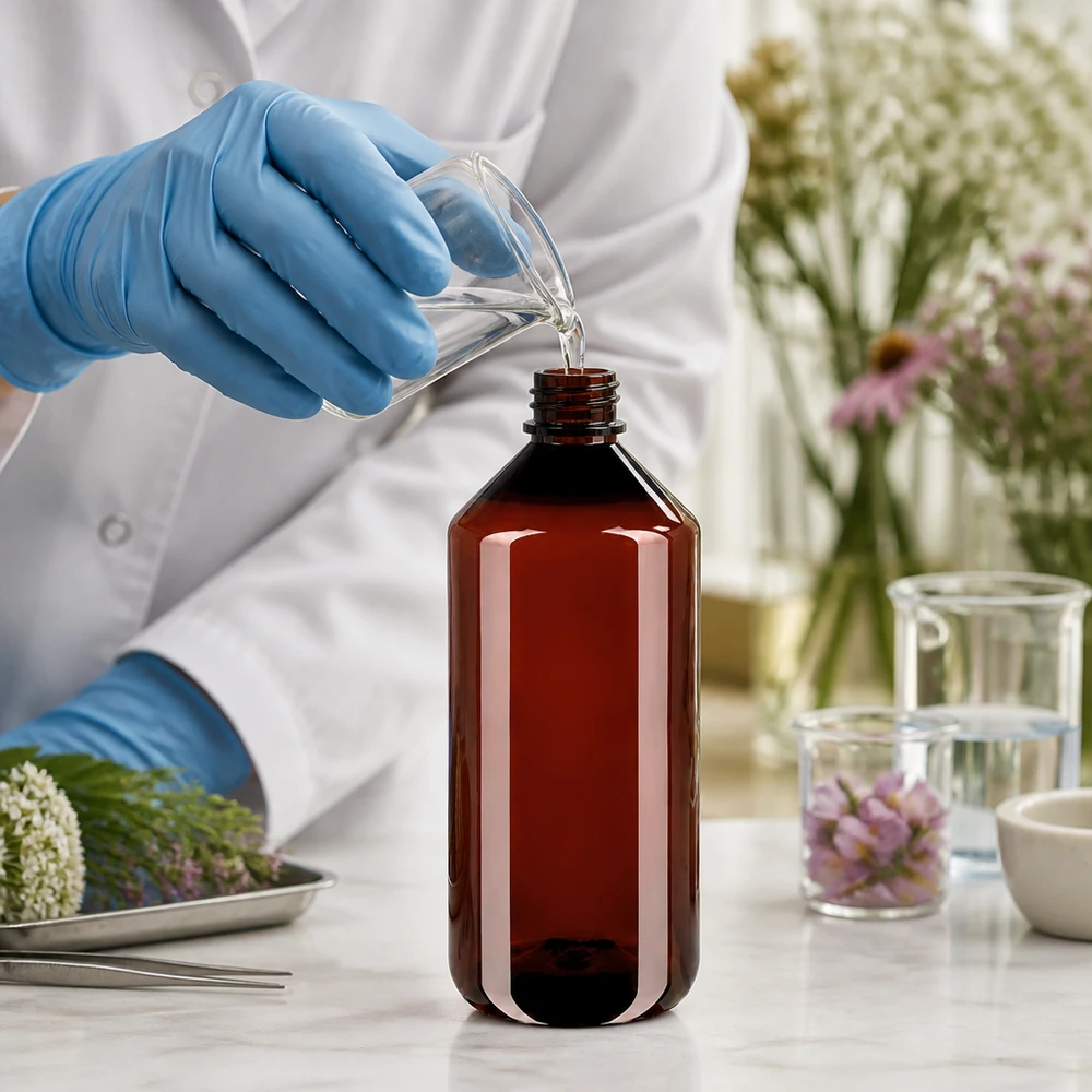 Voedselveilige PET-fles van 1000 ml, bruin, met UV-bescherming en een groene veiligheidsdop