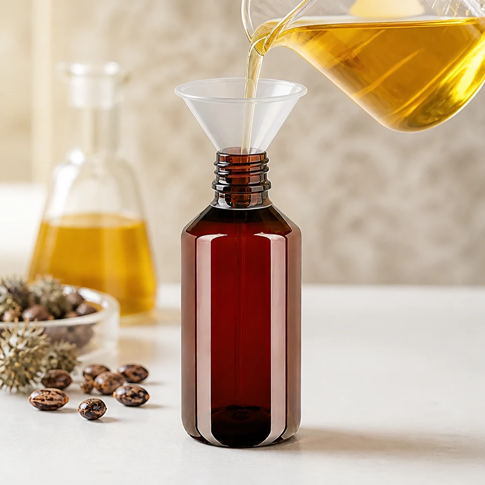 De amberkleurige PET-fles van 750 ml beschermt lichtgevoelige oliën met een veilige originele sluiting