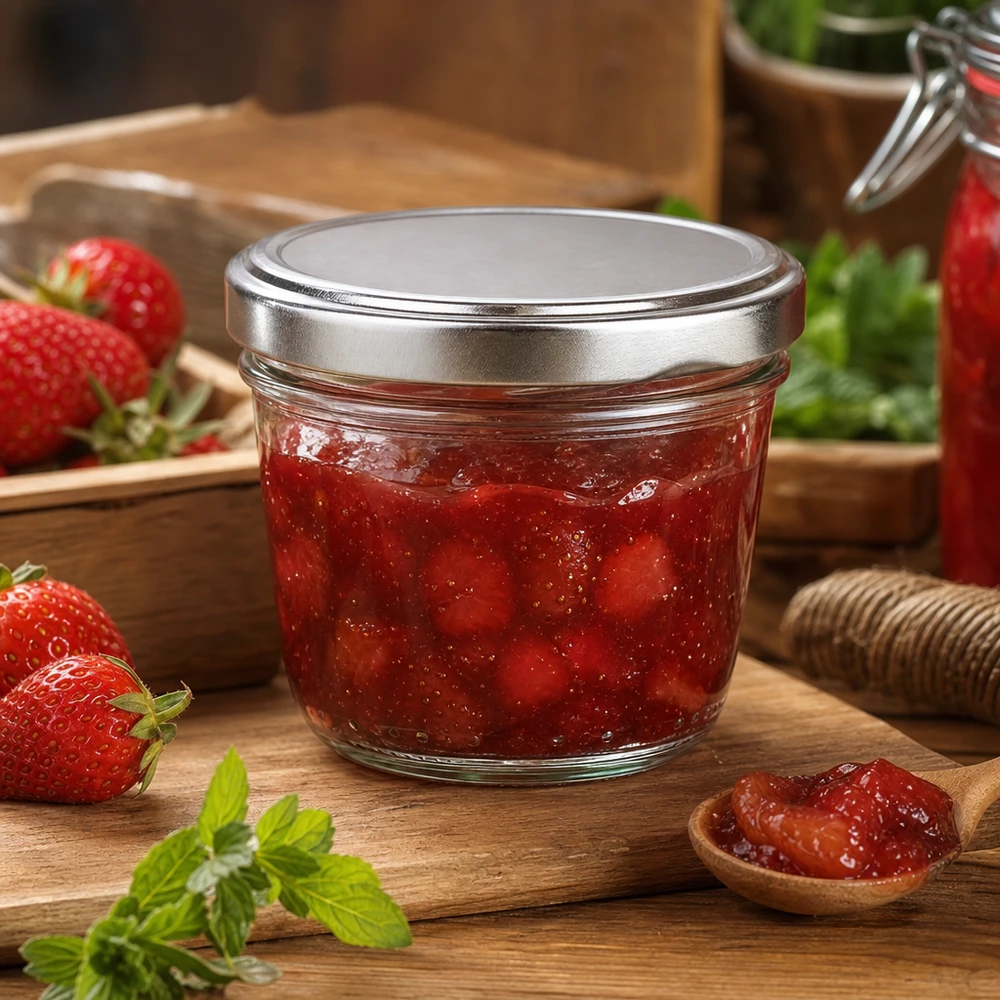 230ml mason jar met zilveren BasicSeal deksel gevuld met aardbeienjam jam op een houten plank met verse aardbeien
