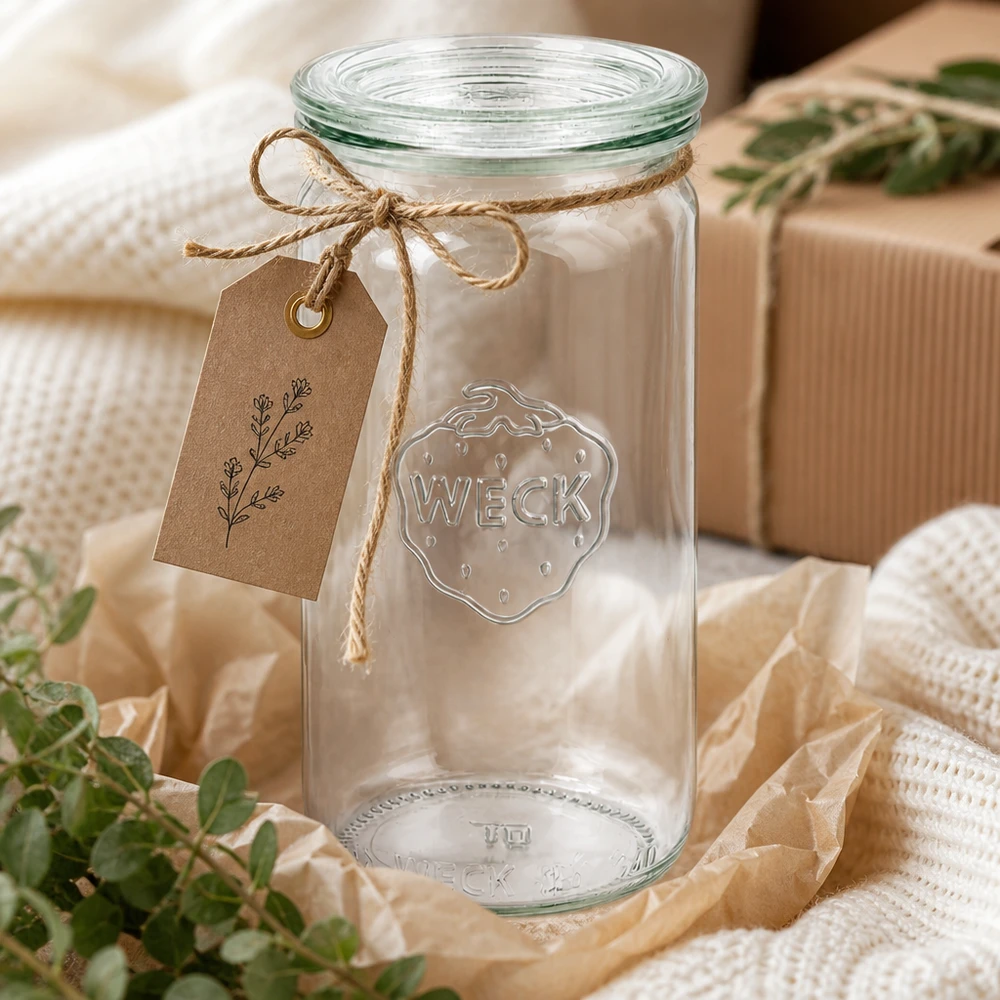 340ml cilinderglas met glazen deksel WECK RR60 WECK 340ml cilinderpot RR60 decoratief met jute koord en etiket als geschenkverpakking op beige textiel