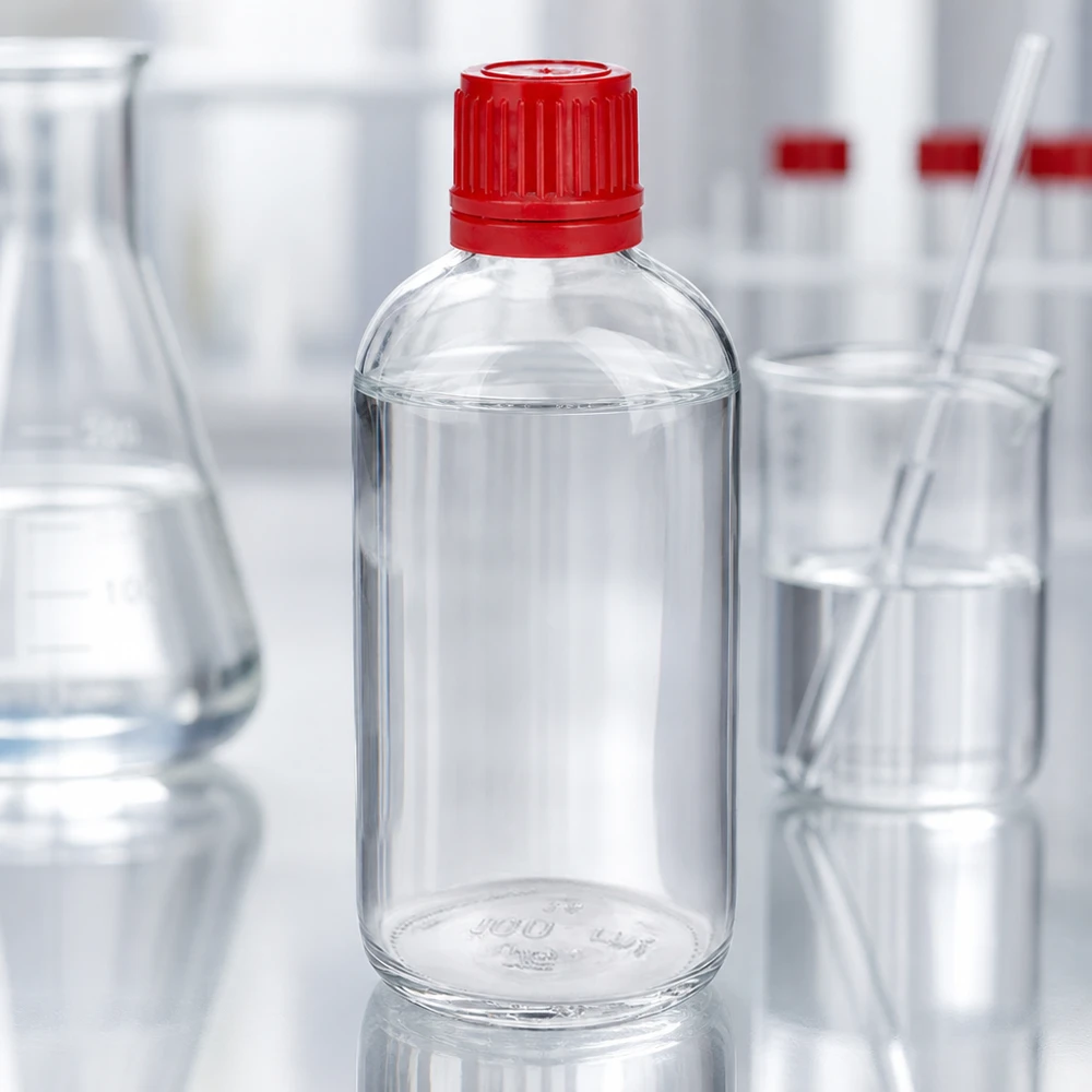 Cilindrische ClearLine-laboratoriumfles van 100 ml met rode veiligheidsdop in een laboratoriumomgeving