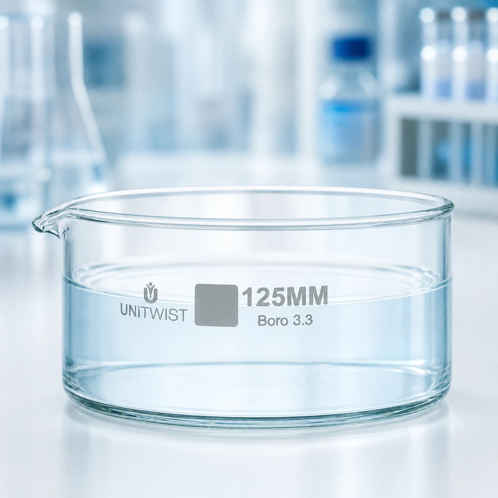 Kristalliseer schaal ø125mm borosilicaatglas UNiTWIST Kristallisatieschaal UNiTWIST van borosilicaatglas, 125 mm, transparante wand met gegraveerde maatvermeldingen
