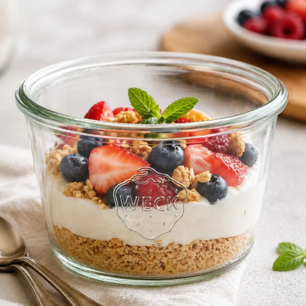 WECK RR100 pot 370ml gevuld met yoghurt bessen muesli op een witte houten tafel