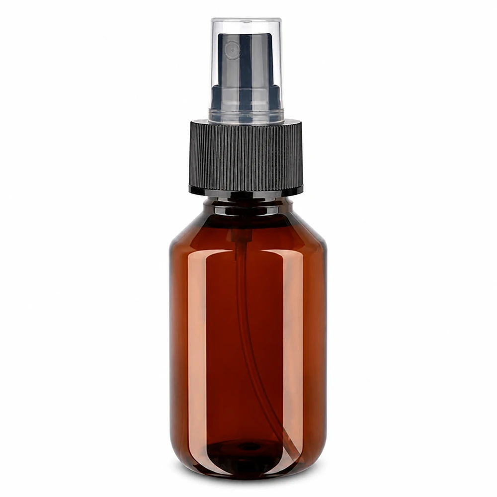100 ml PET medicijnfles met verstuiver zwart GCMI 28/410 incl. dop transparant, standaard Lichtschützende Bernstein PET Flasche 100ml mit schwarzem Sprühzerstäuber für Kosmetik