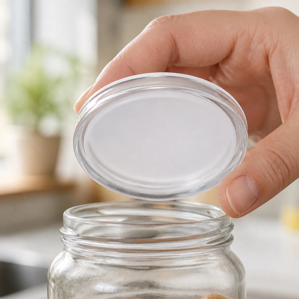 UniTwist BasicSeal TO58-deksel (58 mm, wit) met de hand geplaatst op een geopende voorraadpot