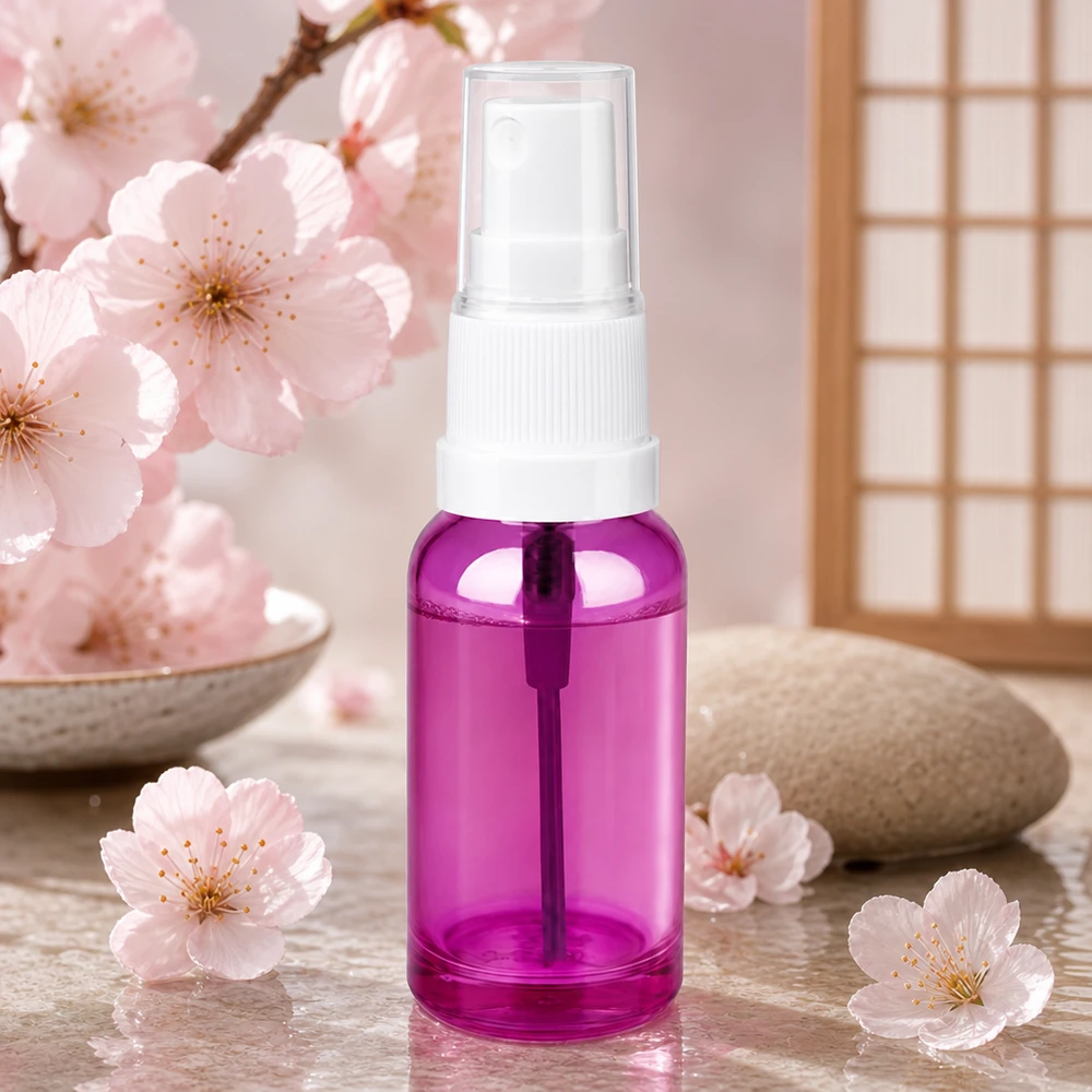Handig pompflesje van 20 ml in paars design met soepel lopend wit opzetstuk voor spray