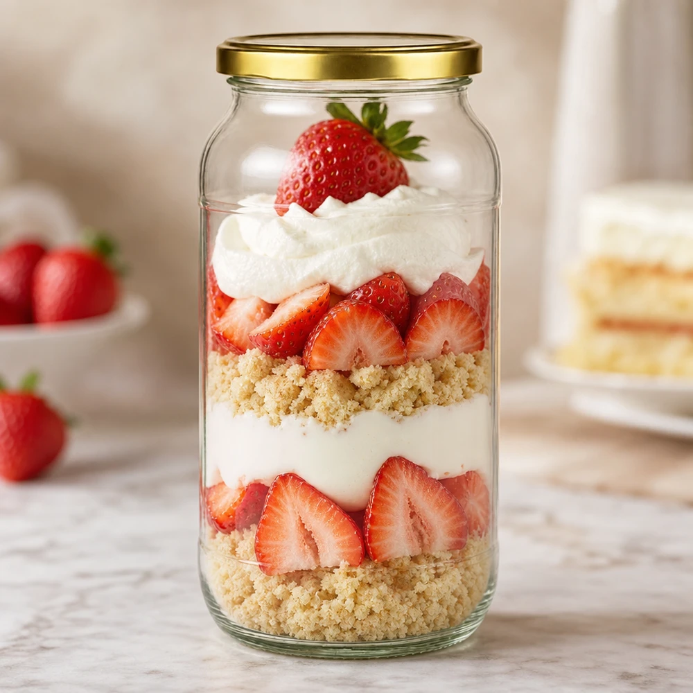 1062ml ronde pot met gouden BasicSeal deksel als dessertpot voor aardbeien en slagroom gelaagd dessert met hagelslag