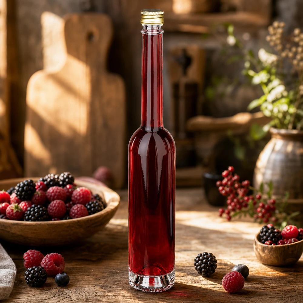 100ml Toni glazen fles gevuld met bessenlikeur - UNiTWIST gouden stop in rustieke keuken met verse bessen