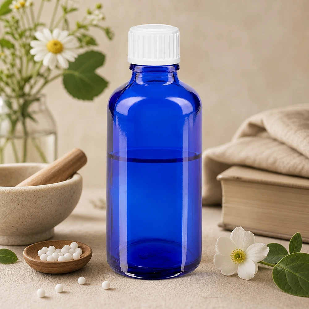 Blauwe glazen flessen 50ml met wit druppelsluiting 0.8mm St 50 ml apothekersflesje van blauw glas, standaard wit, naast jasmijnbloesem en natuurlijke geneesmiddelen