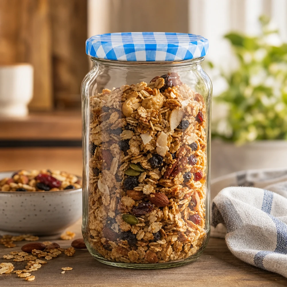 1062ml ronde pot gevuld met muesli en noten, BasicSeal deksel blauw en wit, perfect voor het bewaren van ontbijtgranen