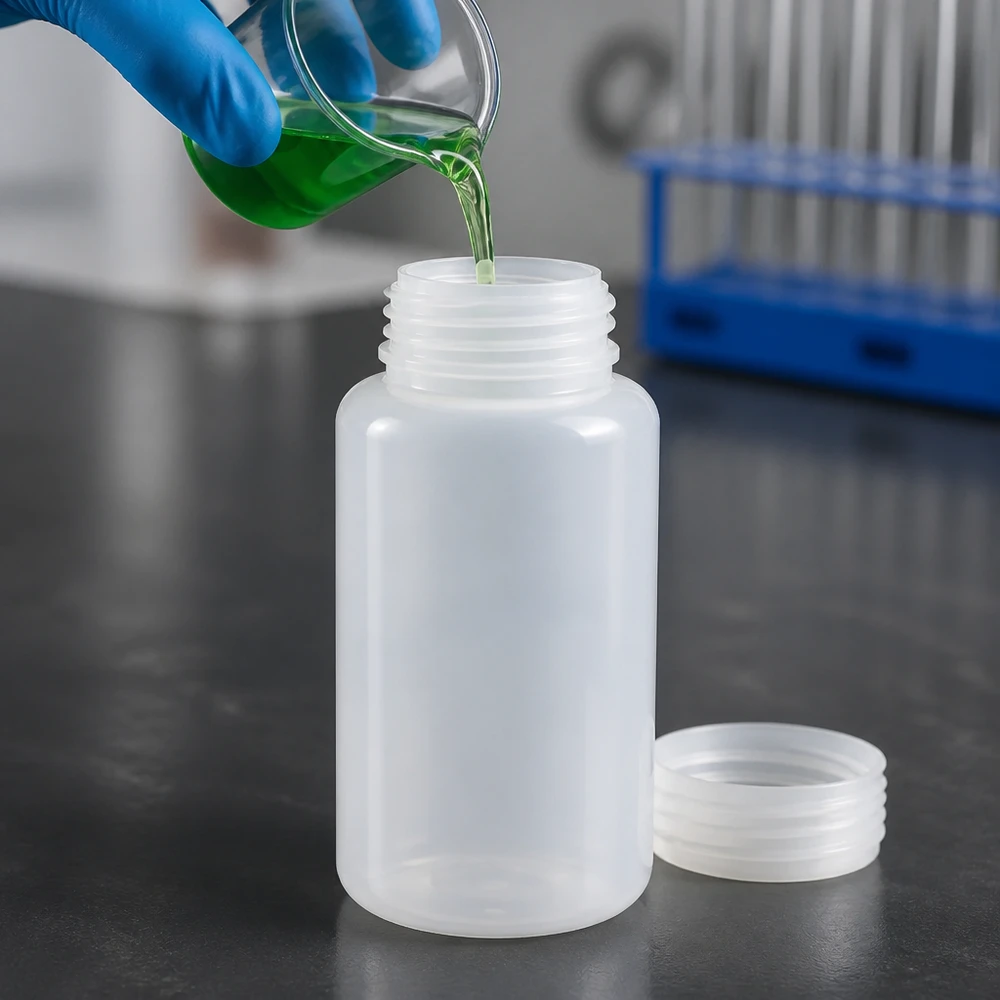 Wijde hals laboratoriumfles 1000ml zonder sluiting Het vullen van een HDPE-fles met brede hals van 1000 ml met groen reagens uit een bekerglas in het scheikundelaboratorium