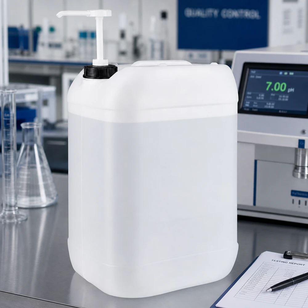 Ruim 25-liter-vat met pomp voor veilige opslag van chemicaliën in een kwaliteitslaboratorium