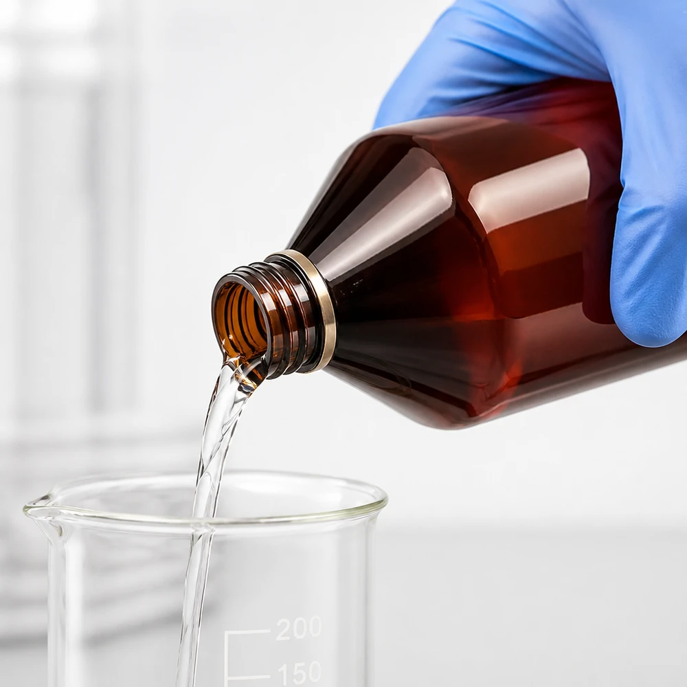 PET fles 750ml met bruine verzegelstop Handveilige afgifte van laboratoriumvloeistof uit een bruine PET-fles van 750 ml met veiligheidssluiting